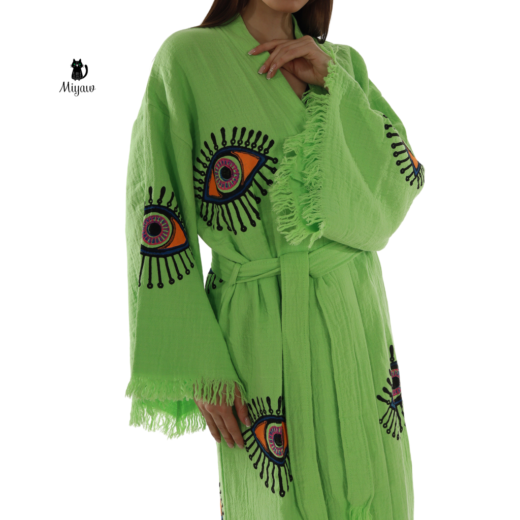 Handmade Organic Cotton Kimono Robe – Green Neon Eye