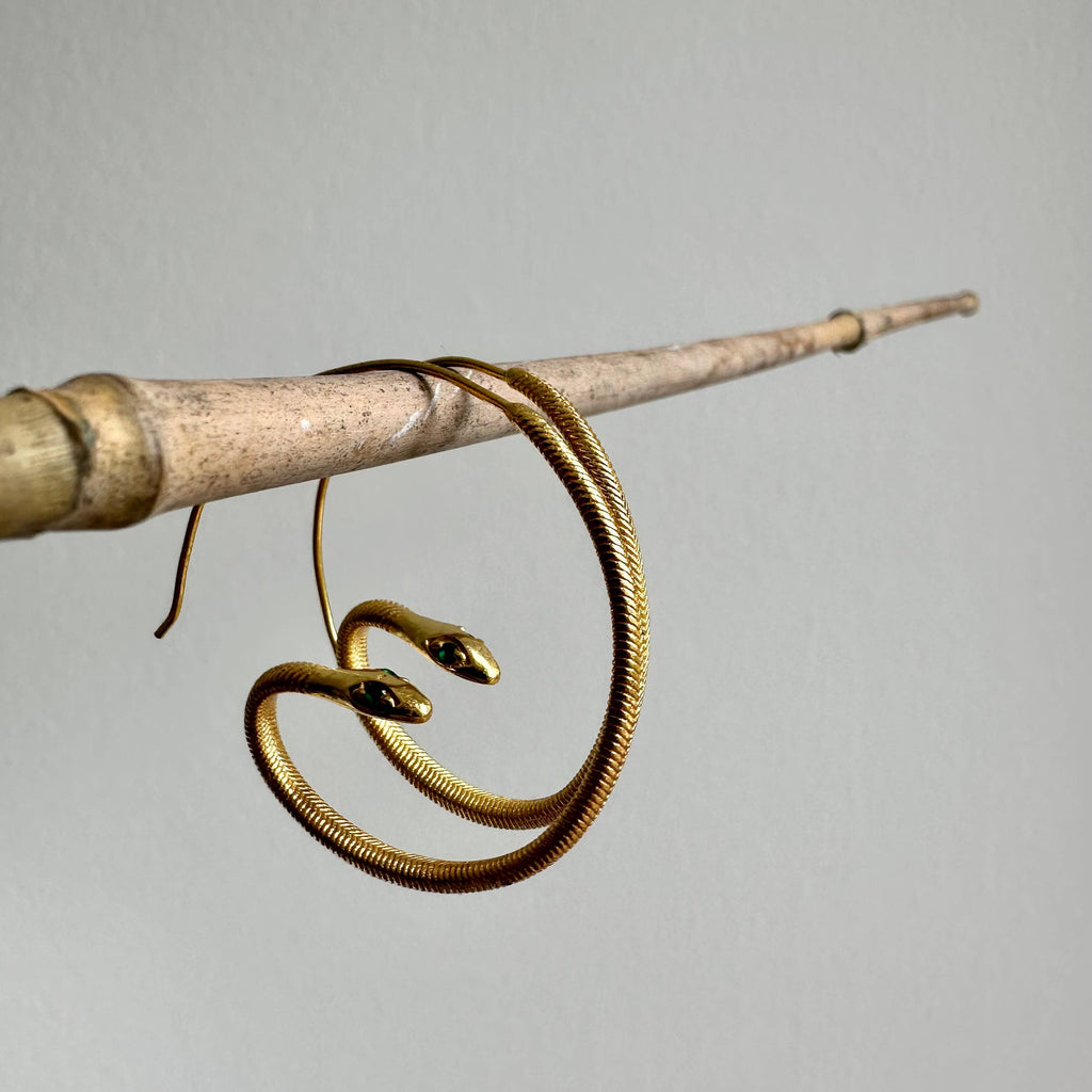 Anokhi Green Handmade Gemstone Earrings - Baby Snake Gold Plated Hoops