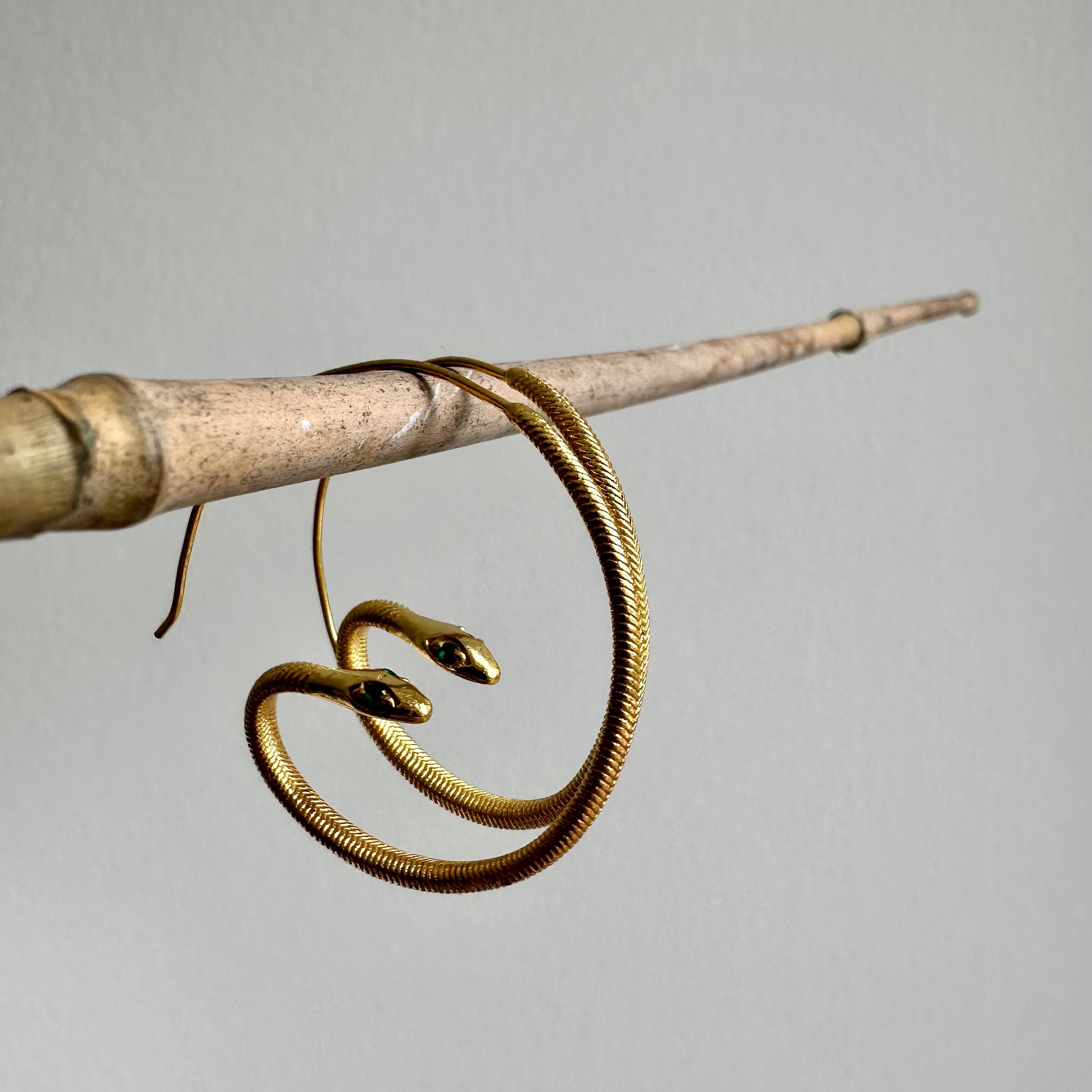 Anokhi Green Handmade Gemstone Earrings - Baby Snake Gold Plated Hoops