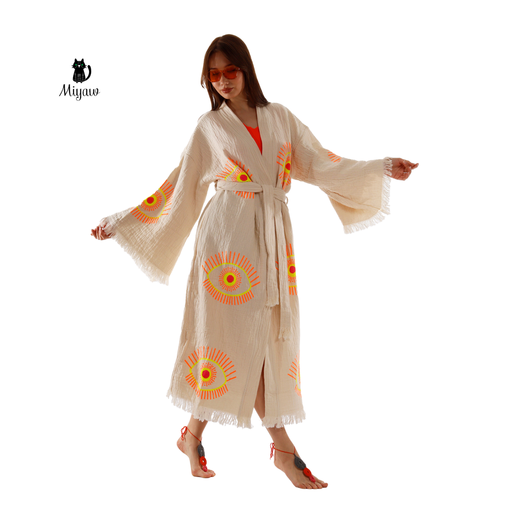 Handmade Organic Cotton Kimono Robe – Beige Evil Eye