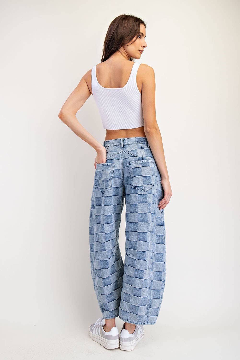 Women's Mineral Washed Check Barrel Jeans