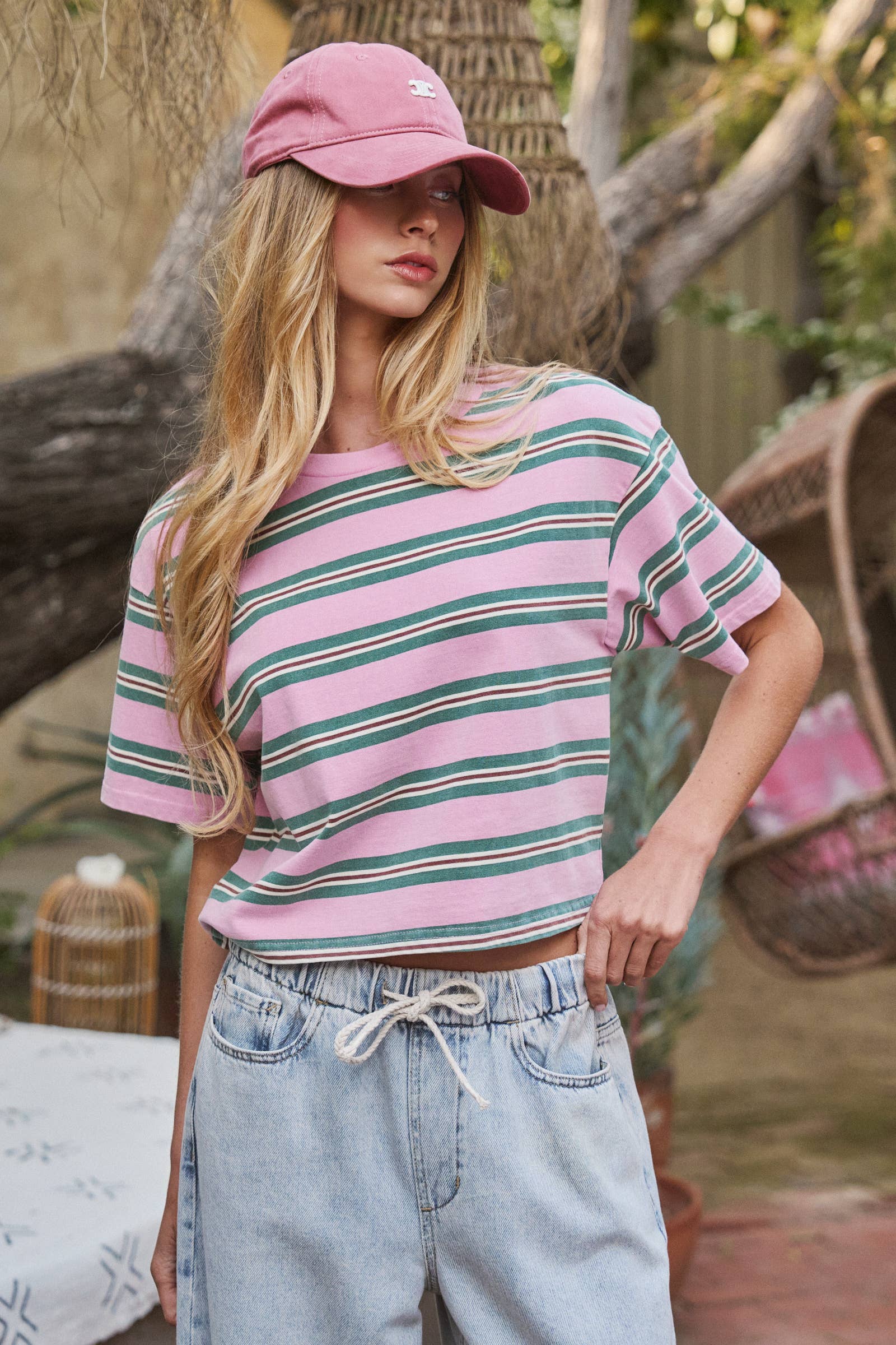 Women's Vintage Washed Striped Cotton Crop Tee - Pink/Green