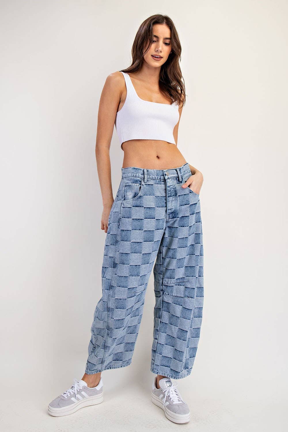 Women's Mineral Washed Check Barrel Jeans