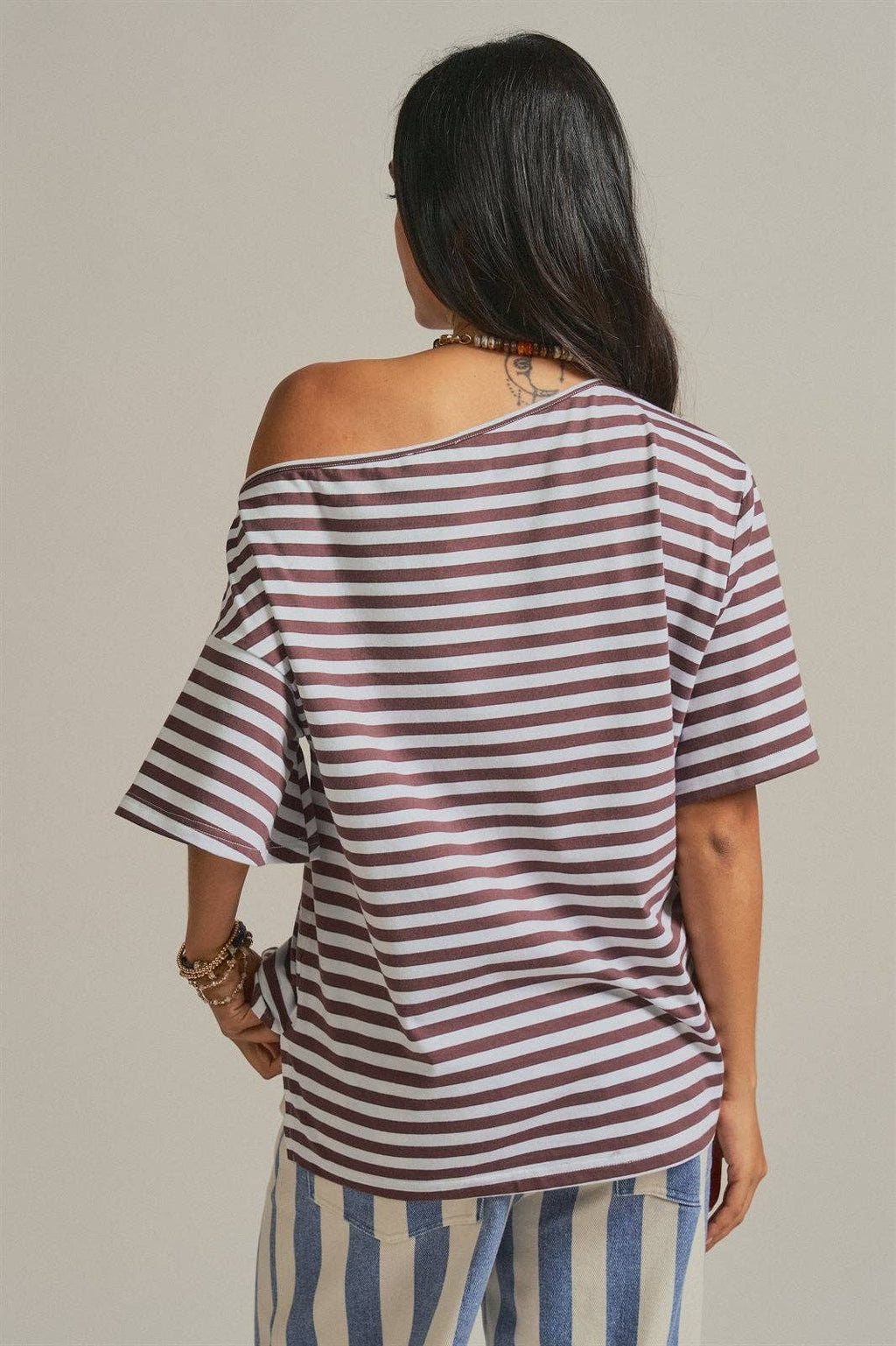 Women's Off-Shoulder Boxy Tee - Brown Stripe