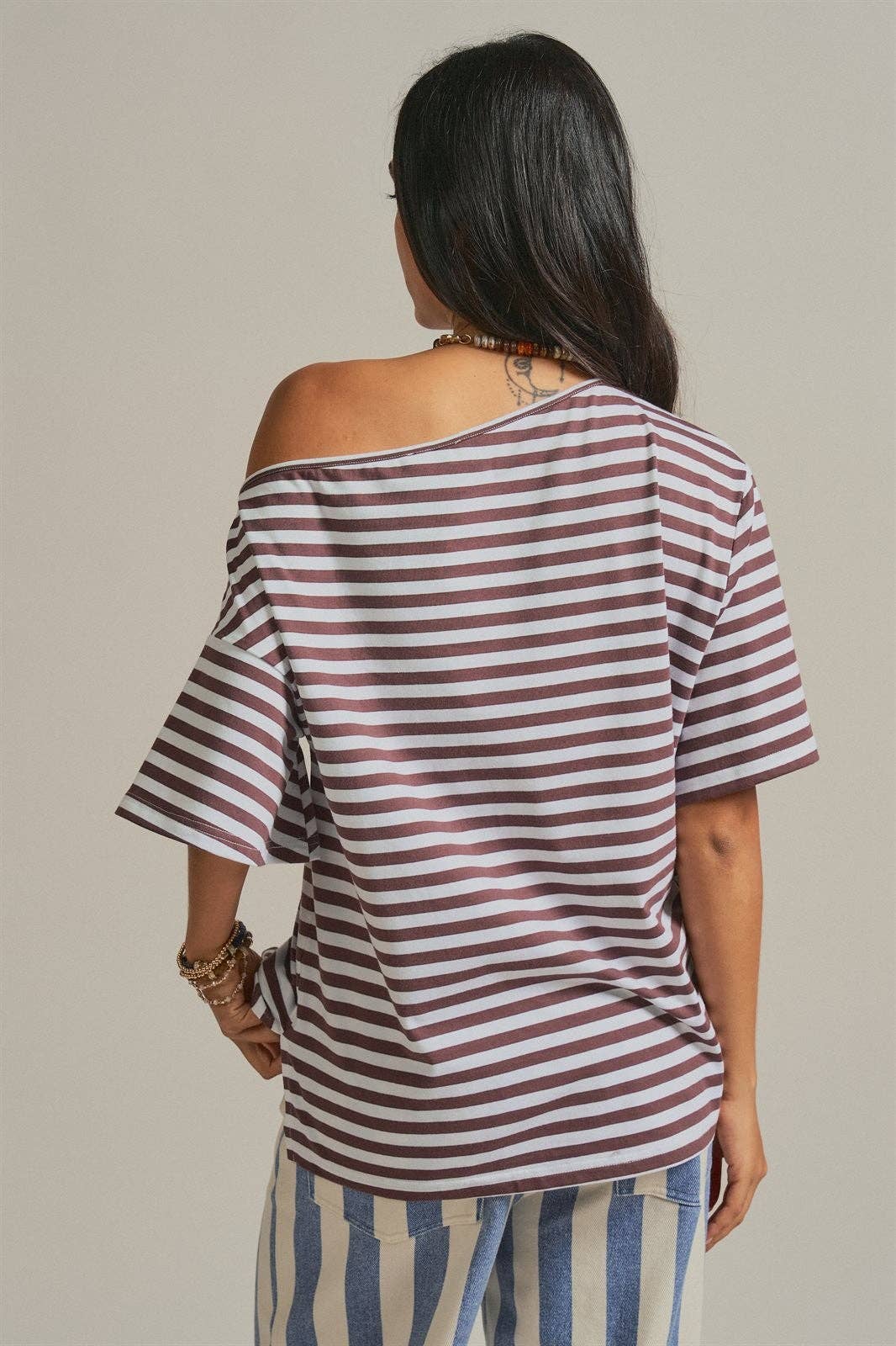 Women's Off-Shoulder Boxy Tee - Brown Stripe