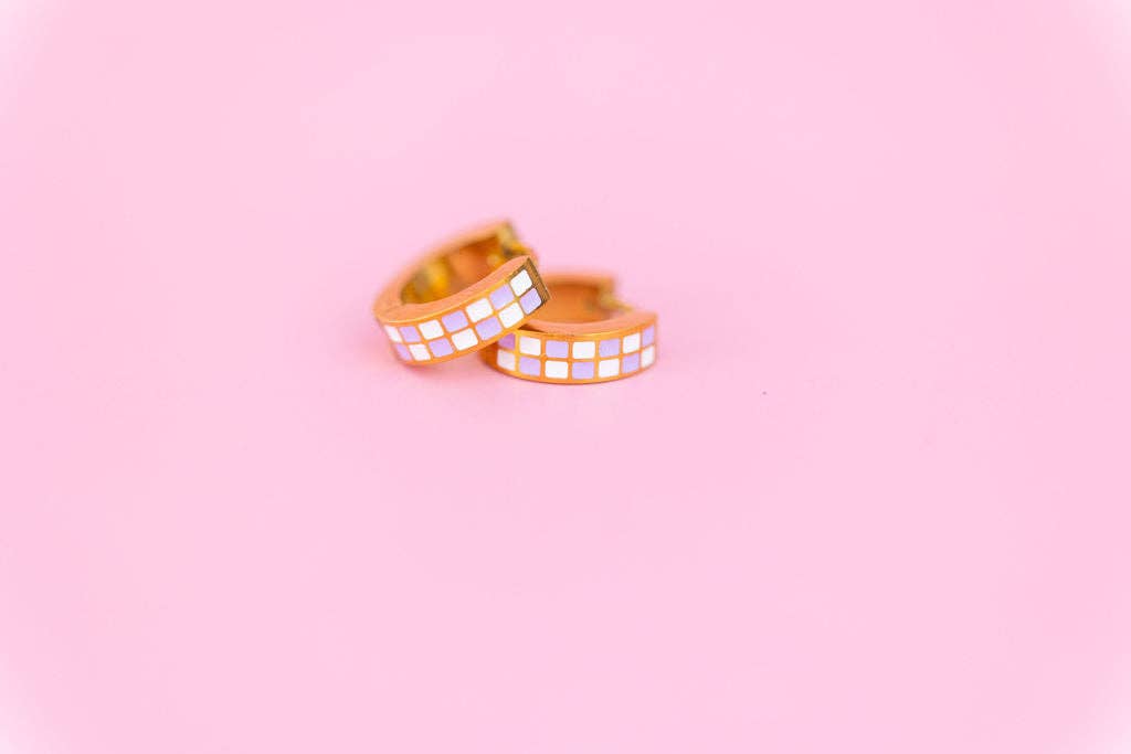 Desert Peach - Lavender Checkered Chunky Huggie Hoops