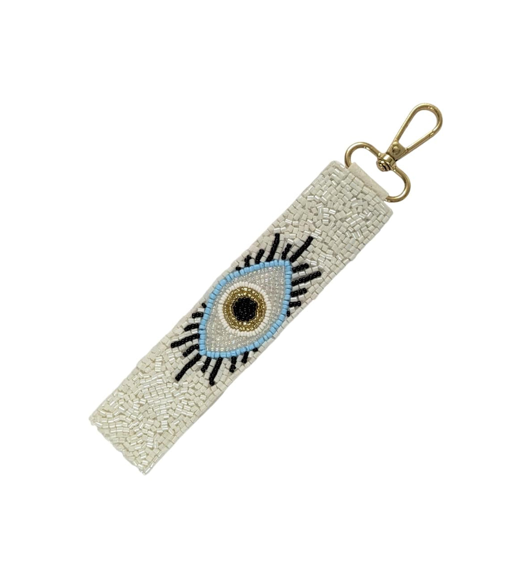 Beaded Wristlet Strap Key Chain - White Evil Eye