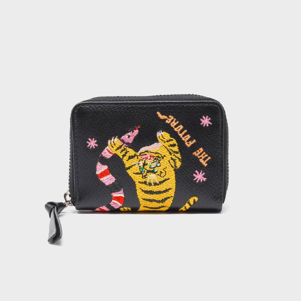 Min & Mon - Frodo Black Leather Zip Around Wallet - Tiger and Snake Embroidery