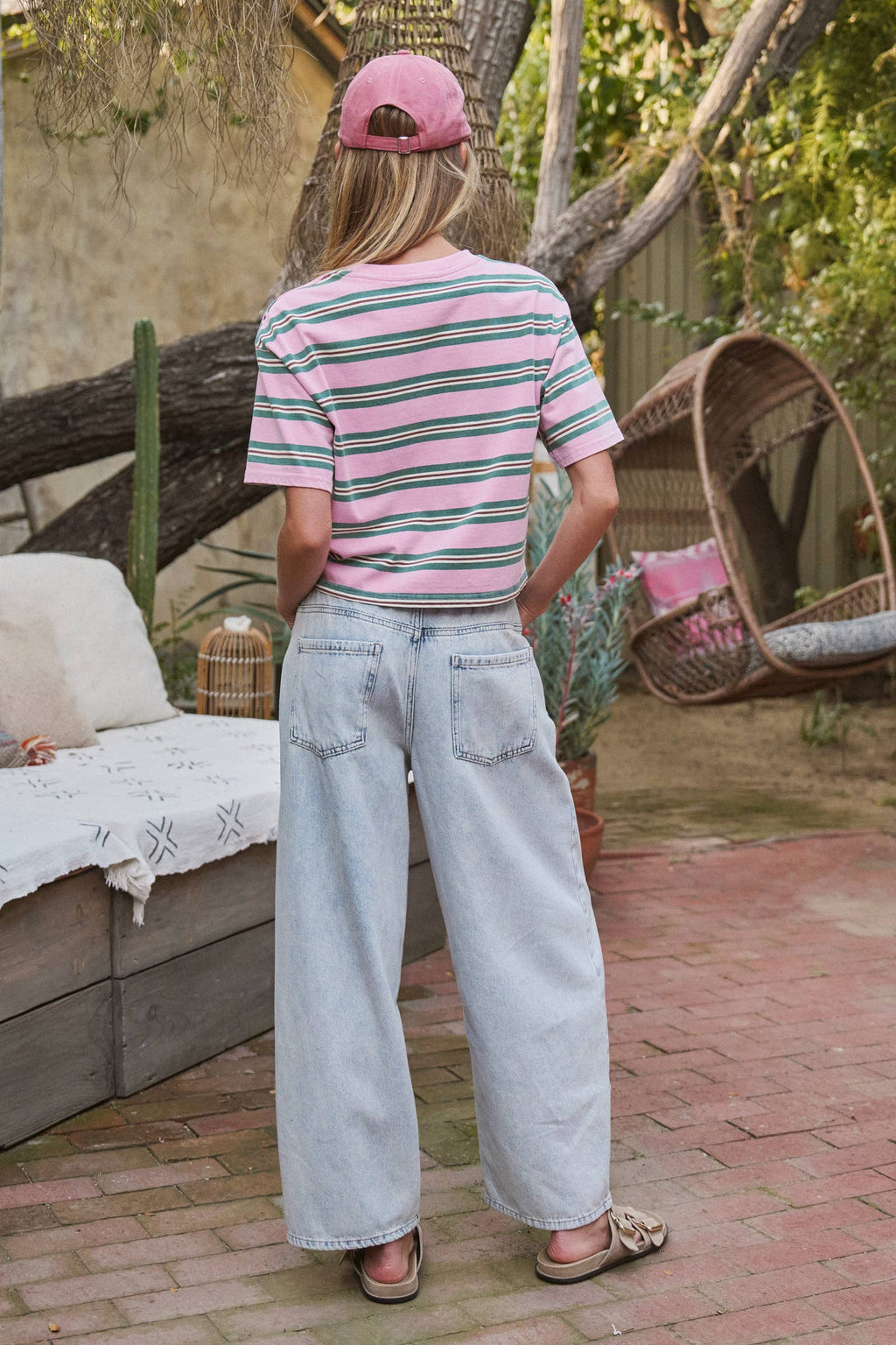 Women's Vintage Washed Striped Cotton Crop Tee - Pink/Green
