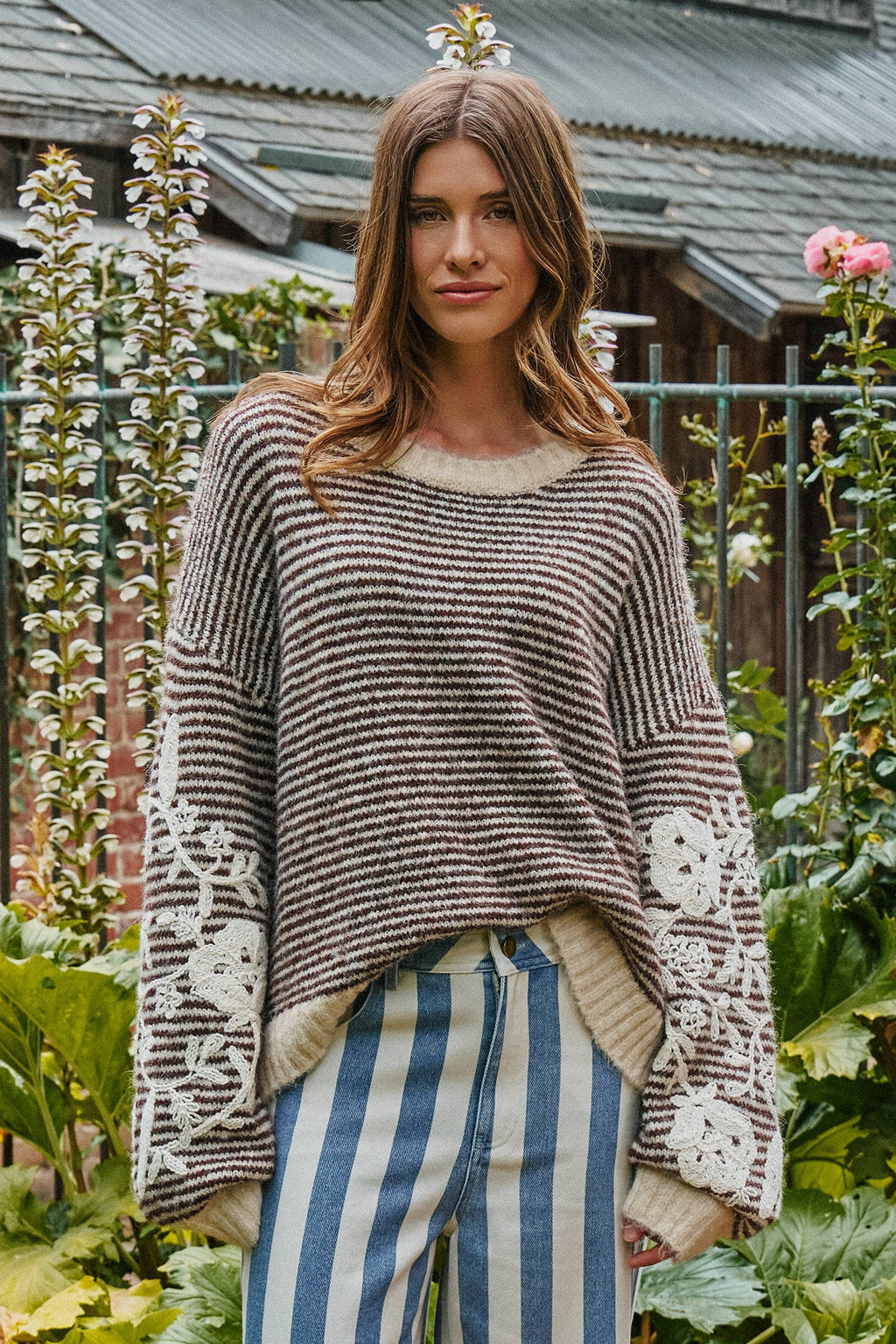 Women's Floral Embroidered Striped Knit Sweater - Brown