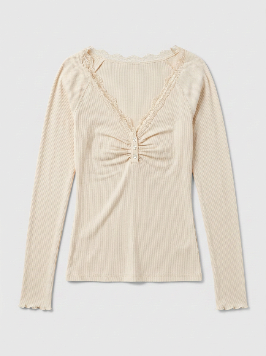 Women's Lace Trim Ribbed Knit Henley Top - Ivory