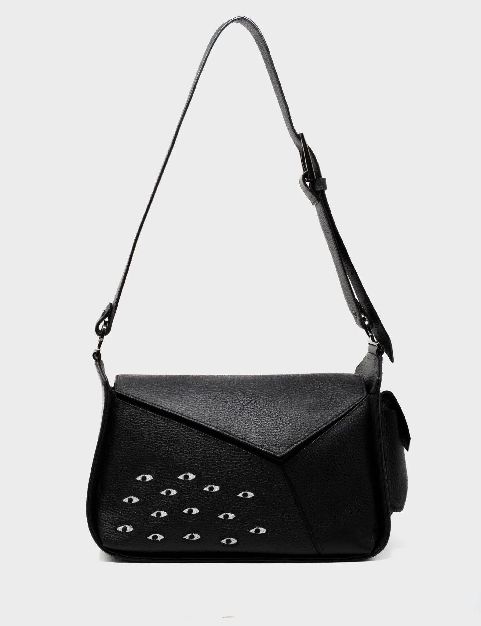 Min & Mon - Houston Black Leather Shoulder Bag - Eyes Embroidery