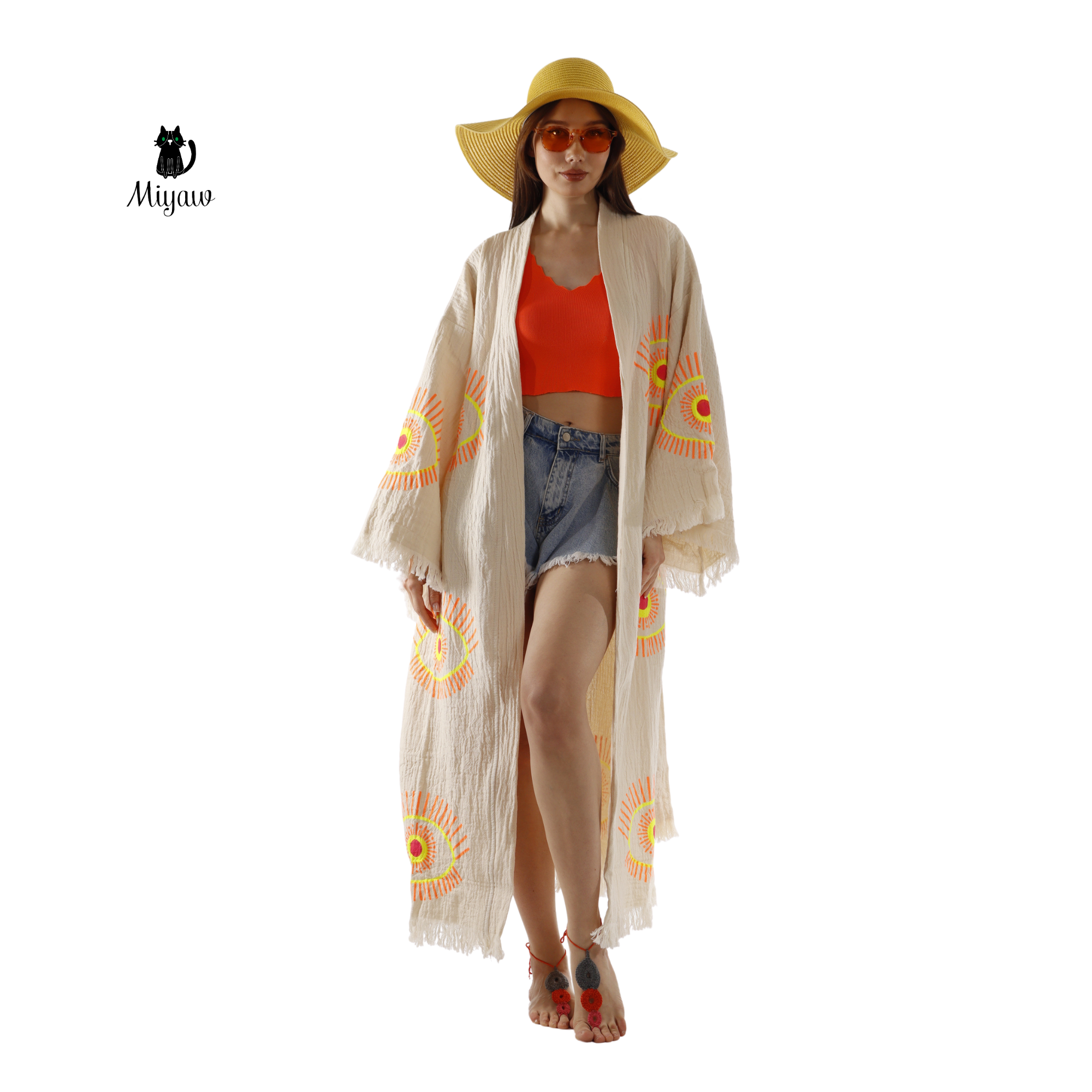 Handmade Organic Cotton Kimono Robe – Beige Evil Eye