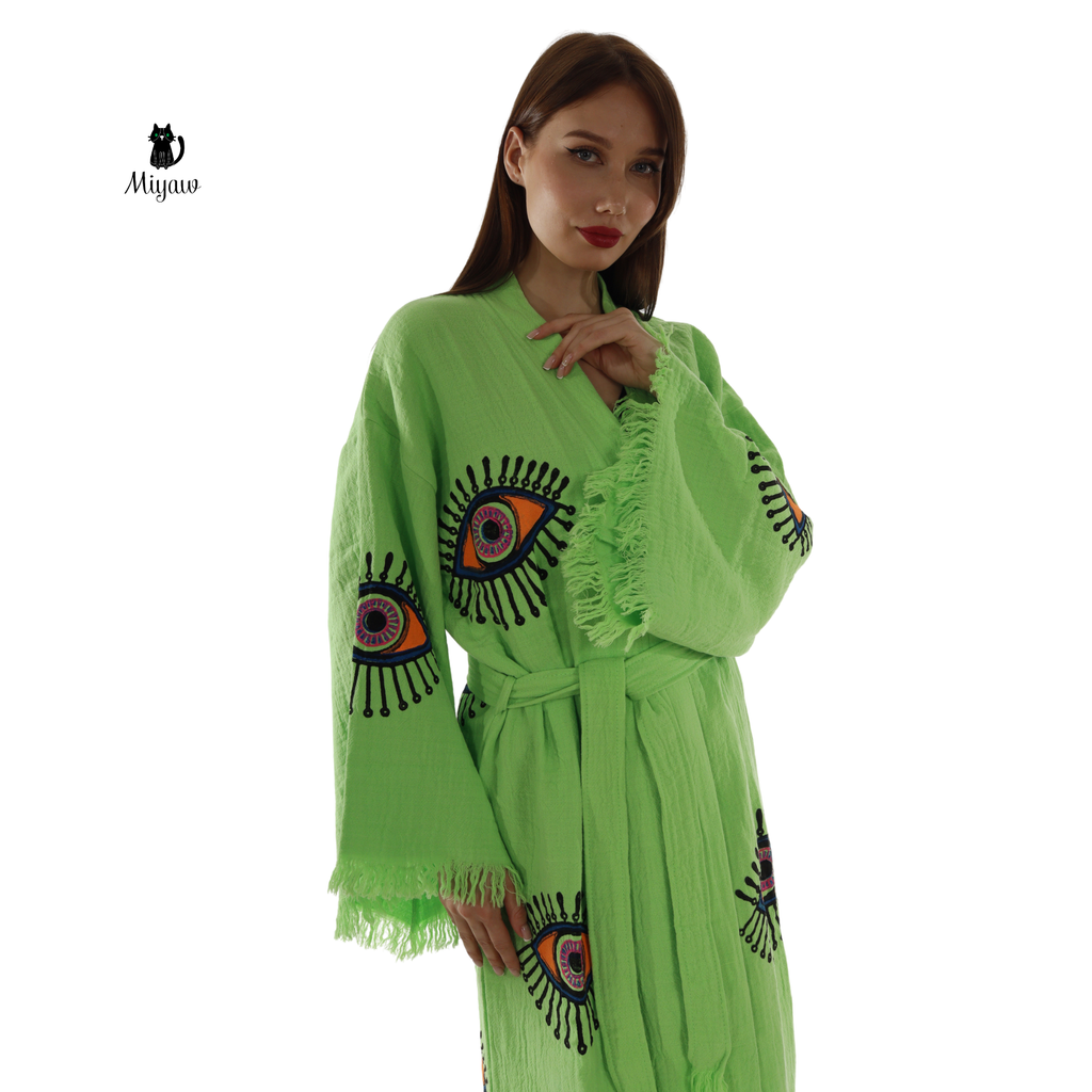 Handmade Organic Cotton Kimono Robe – Green Neon Eye