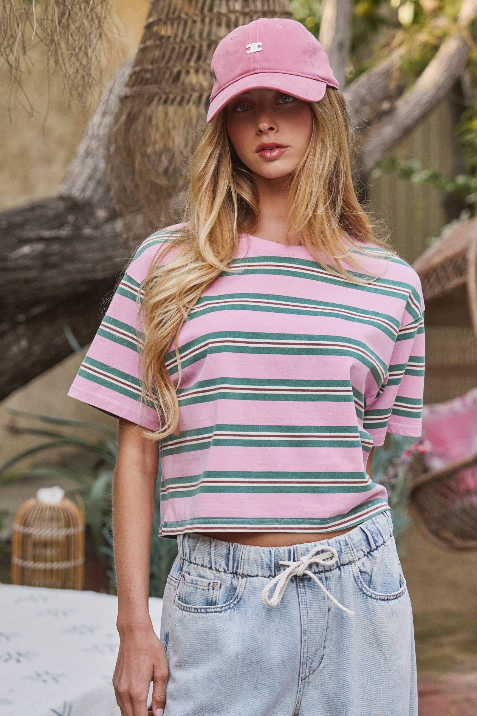 Women's Vintage Washed Striped Cotton Crop Tee - Pink/Green