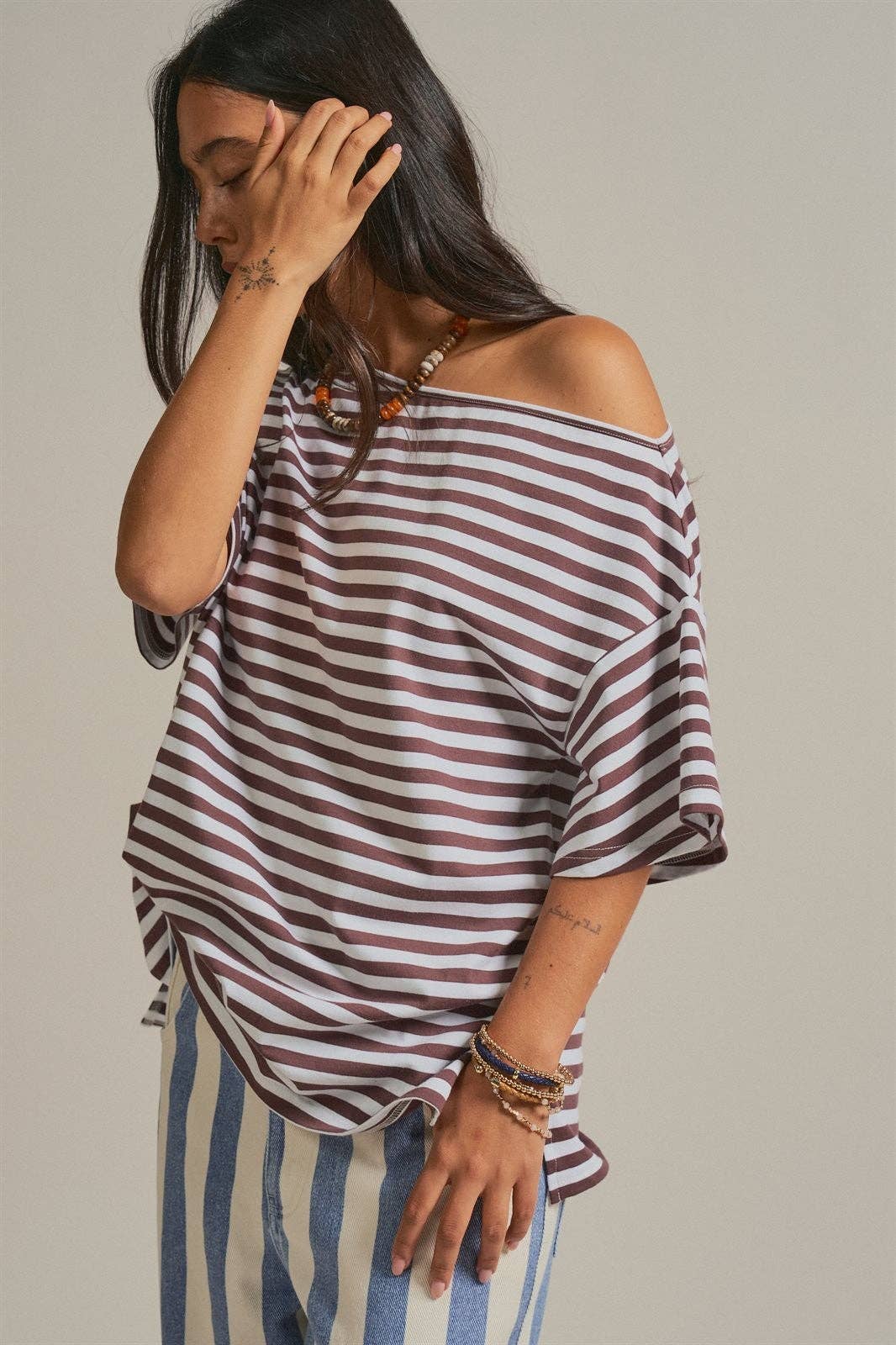 Women's Off-Shoulder Boxy Tee - Brown Stripe
