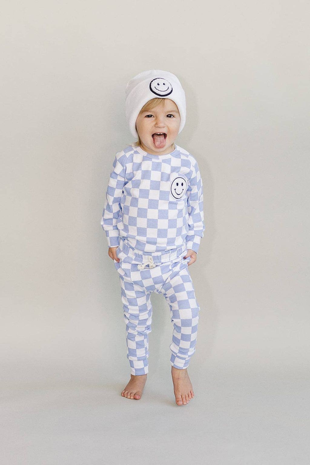 Lucky Panda Kids Lounge Set - Blue Checkered Smiley