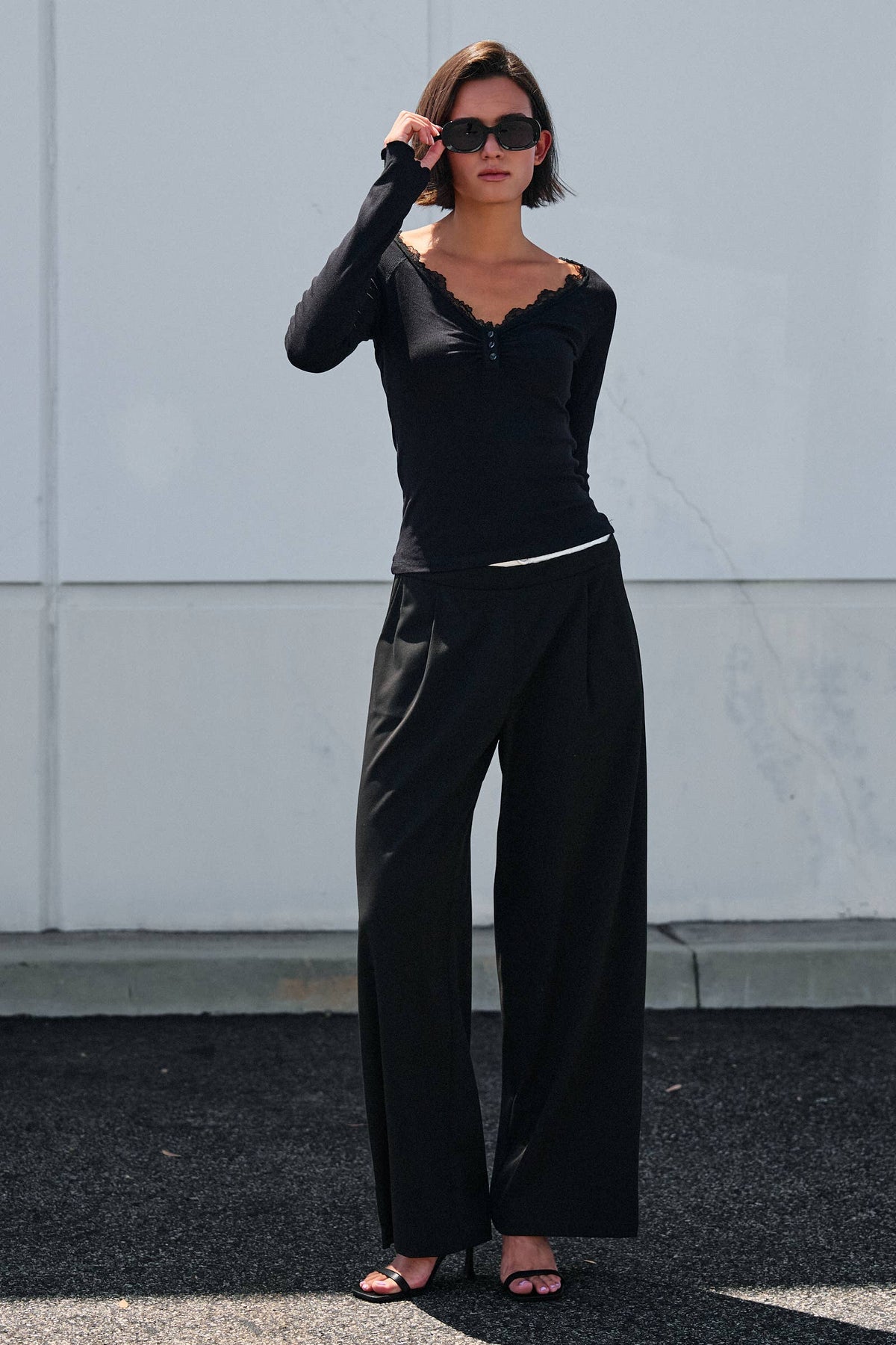 Women's Lace Trim Ribbed Knit Henley Top - Black