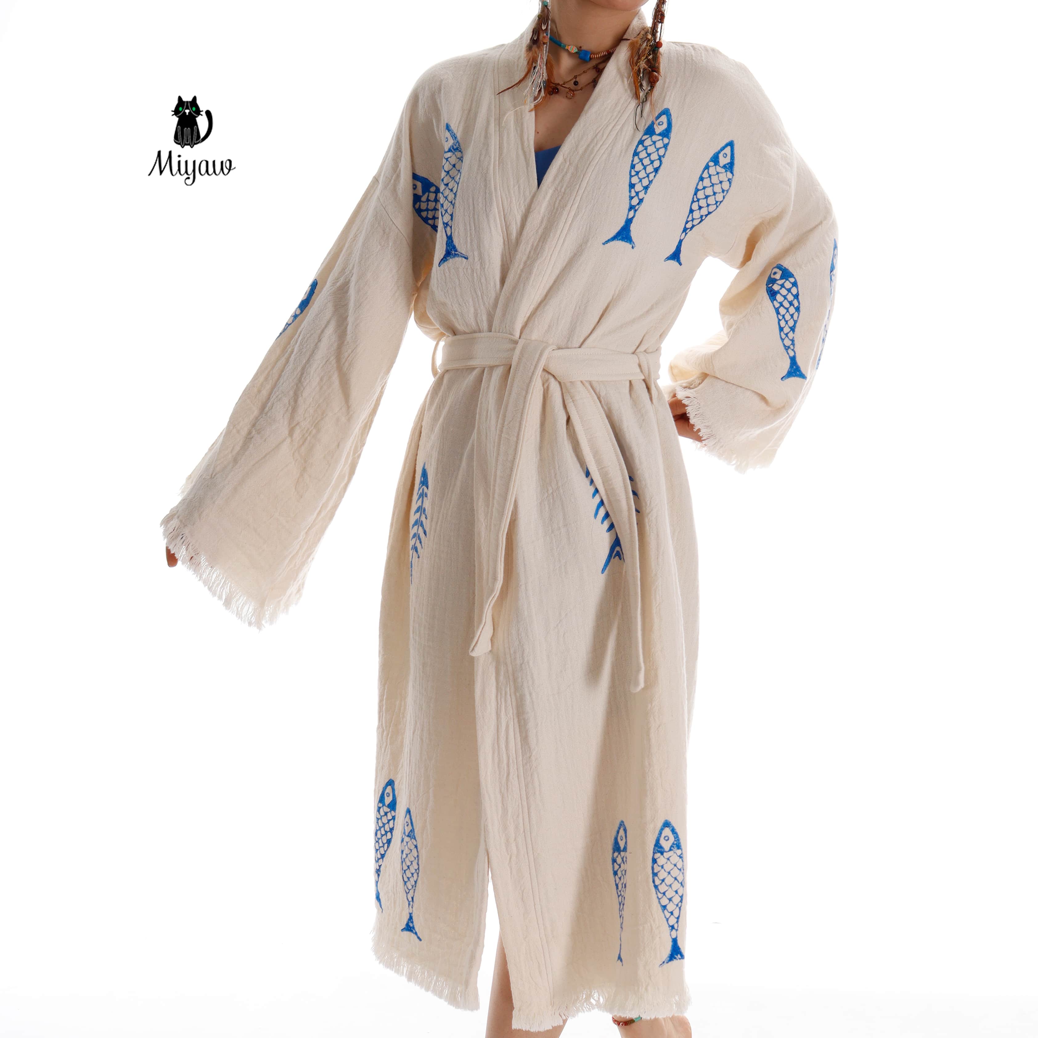 Handmade Organic Cotton Kimono Robe - Blue Fish