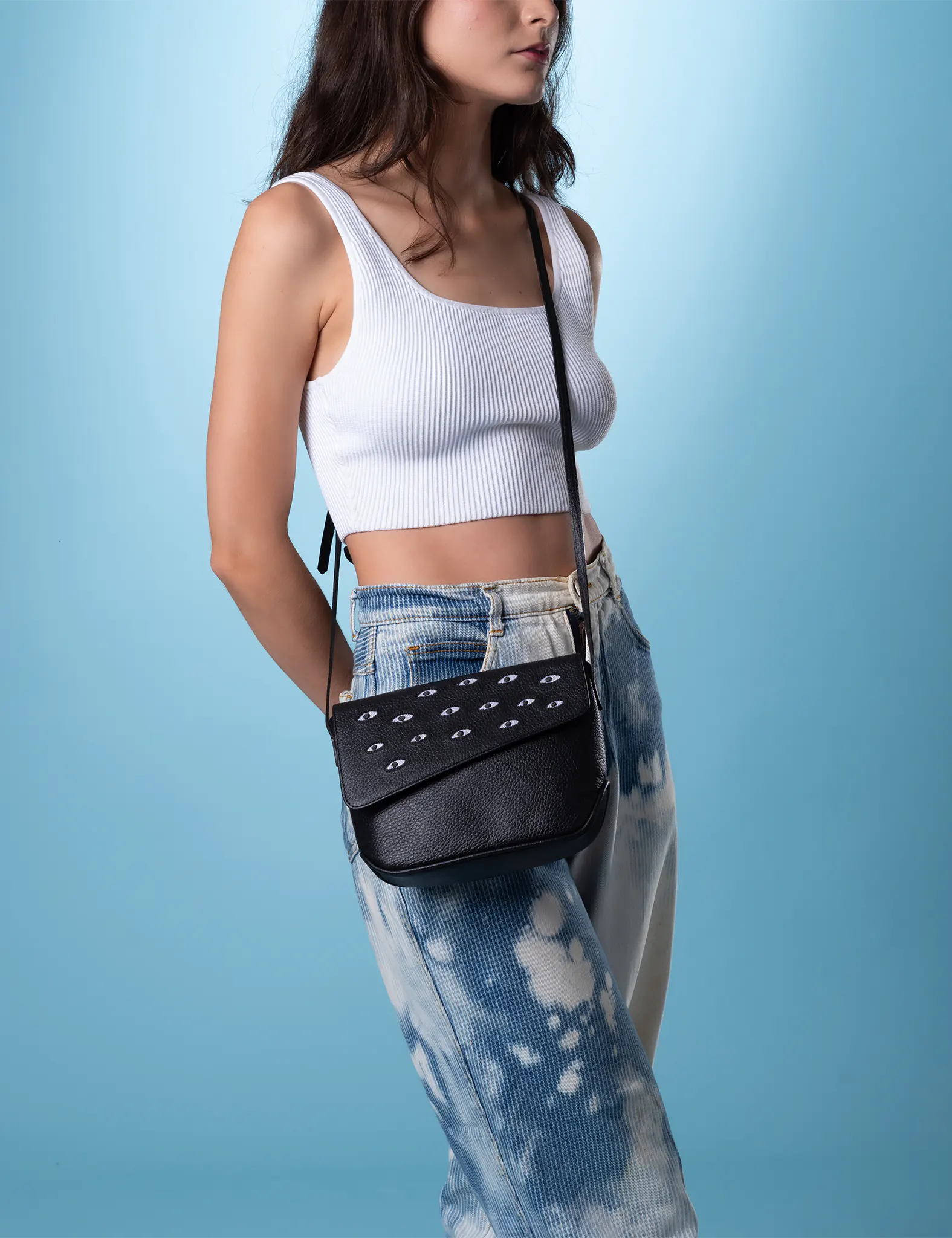 Min & Mon - Bruno Mini Crossbody Black Leather Bag - All Over Eyes
