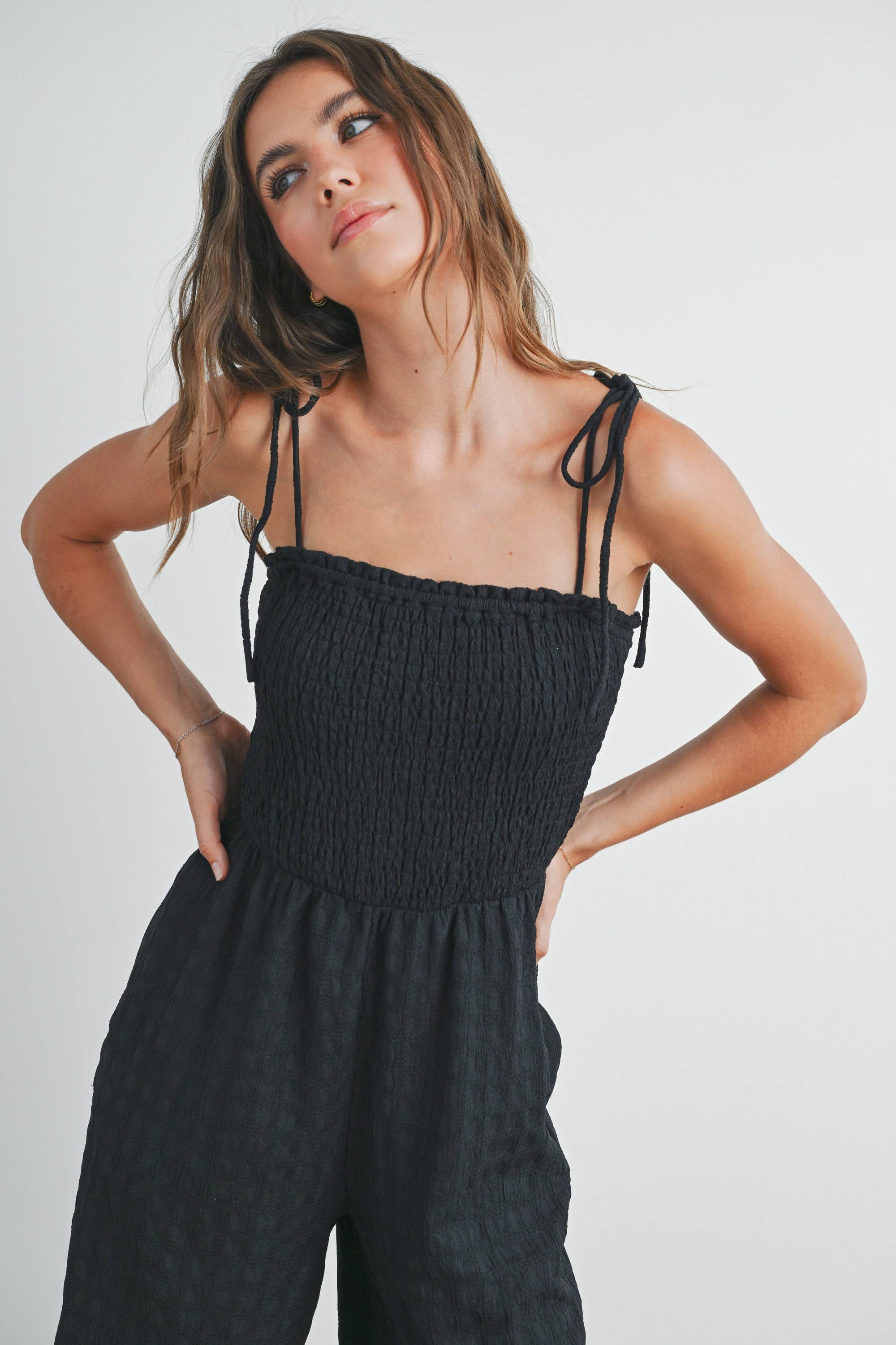 Women's Textured Solid Wide Leg Jumpsuit - Black