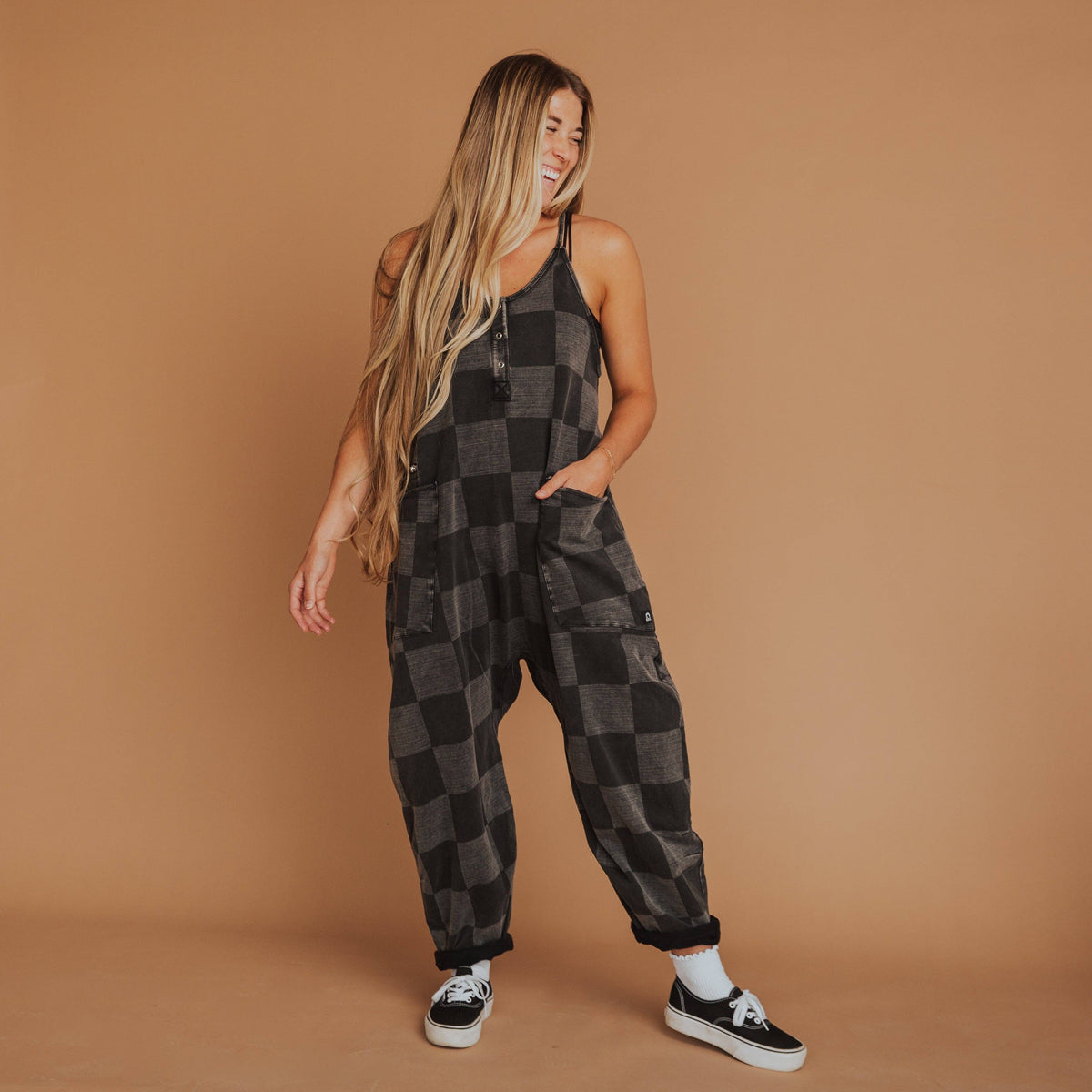 RAGS - Women's Tank Romper - Black Denim Check