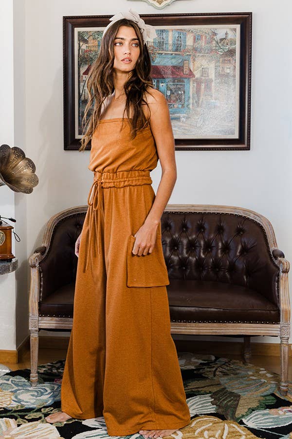 Women's Drawstring Waist Strapless Jumpsuit - Camel