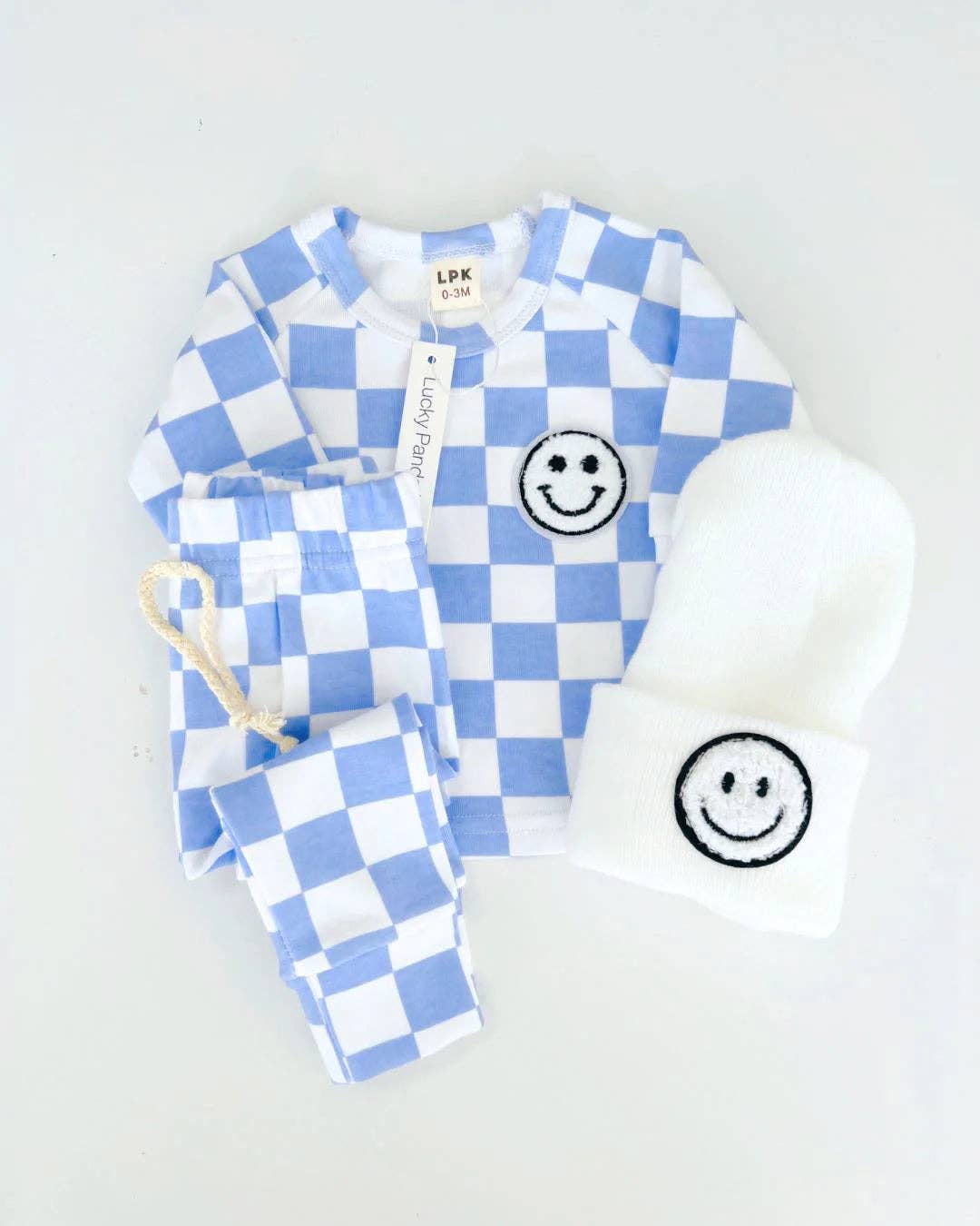 Lucky Panda Kids Lounge Set - Blue Checkered Smiley