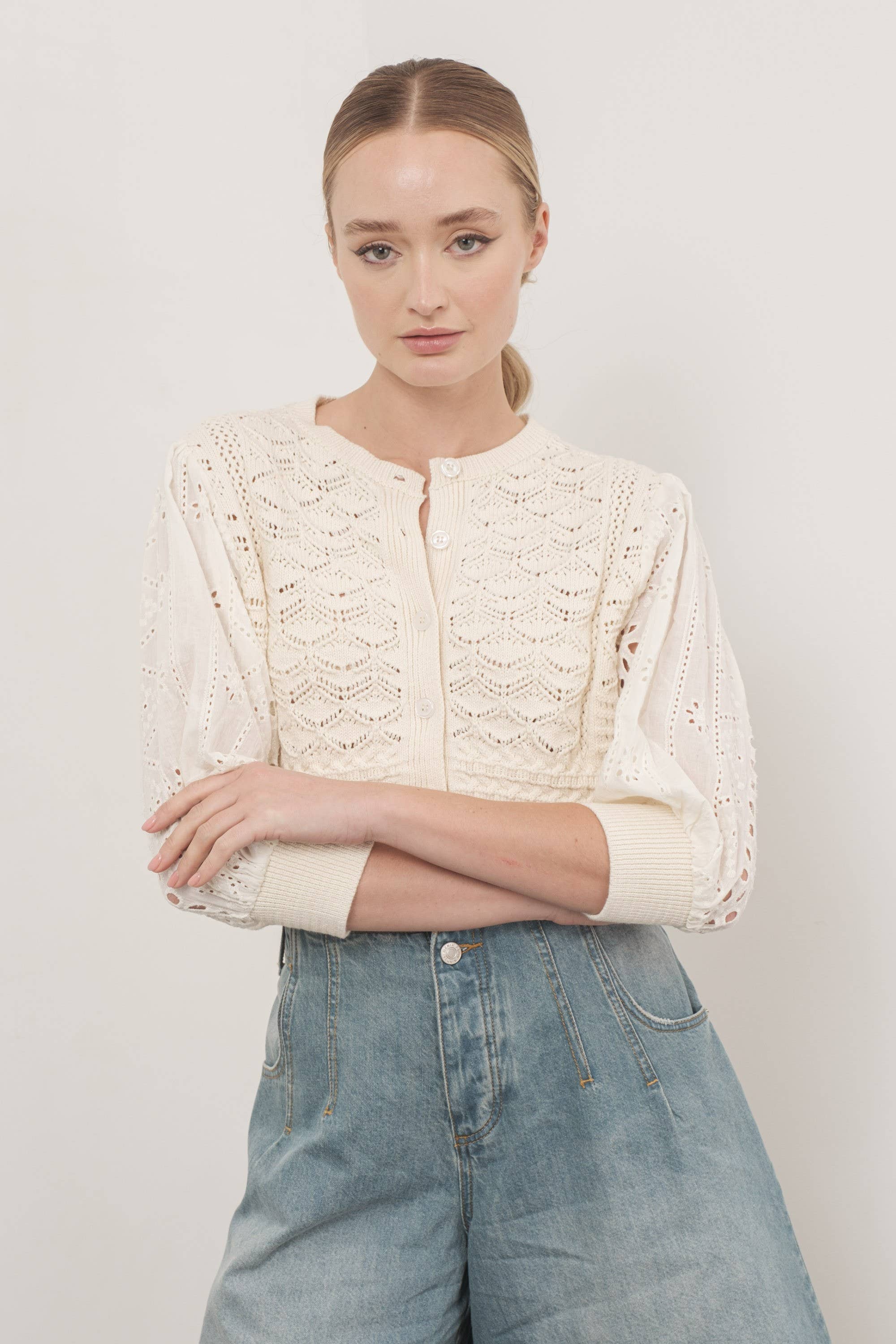 Women's Embroidered Cardigan - Cream
