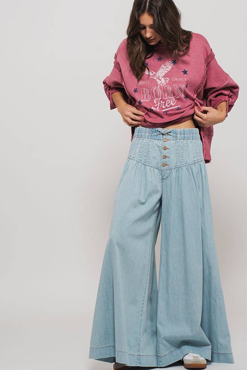 Women's Pleated Wide-Leg Button Closure Pants - Light Denim