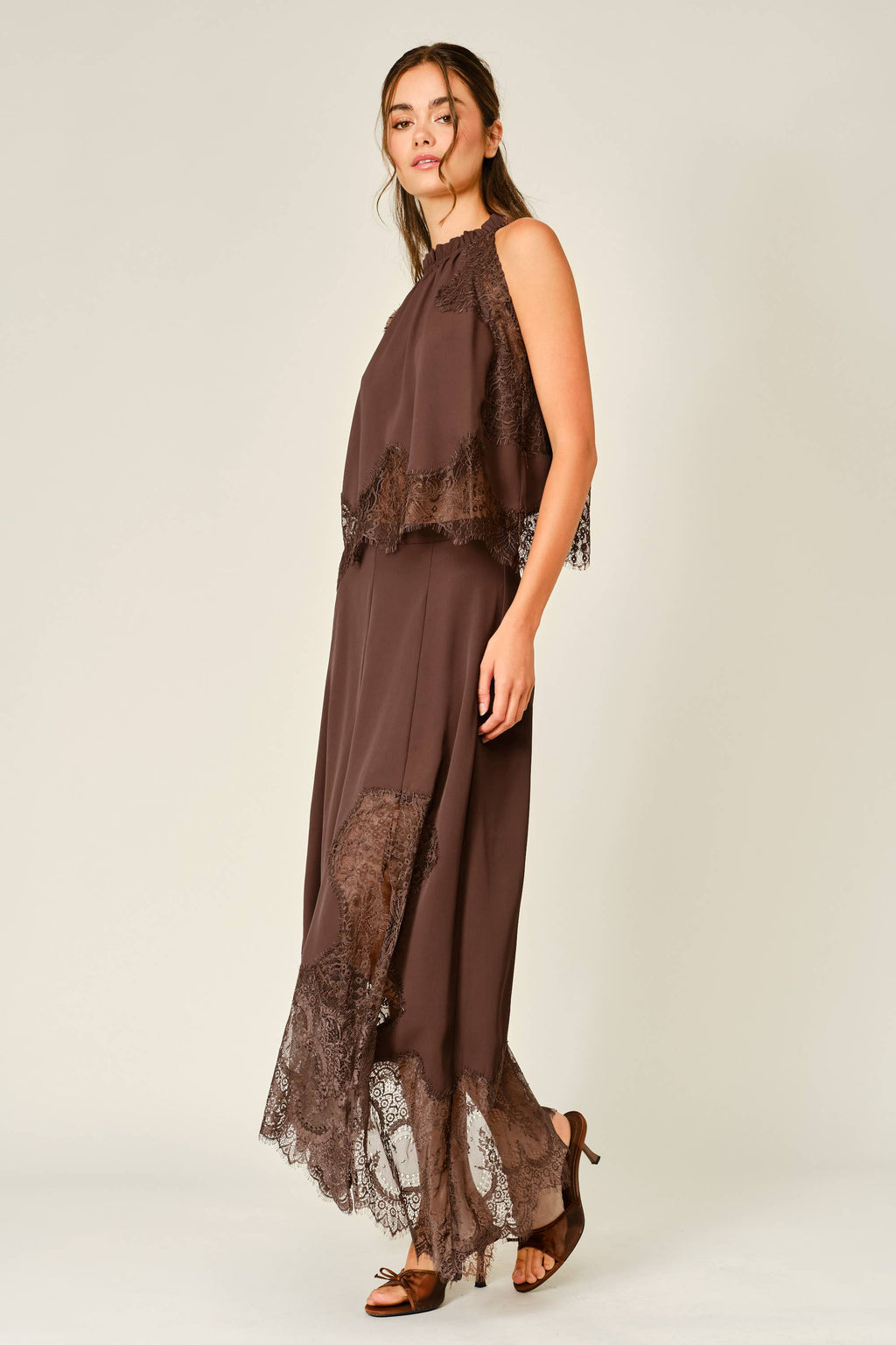 Women's Lace Midi Skirt - Brown