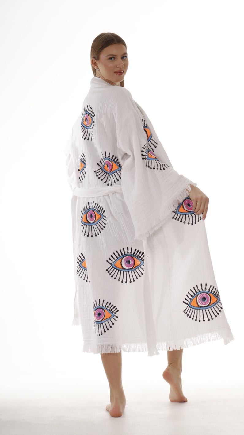 Handmade Organic Cotton Kimono Robe – White Evil Eye