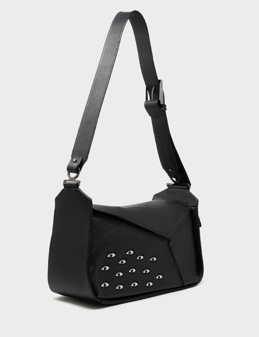 Min & Mon - Houston Black Leather Shoulder Bag - Eyes Embroidery