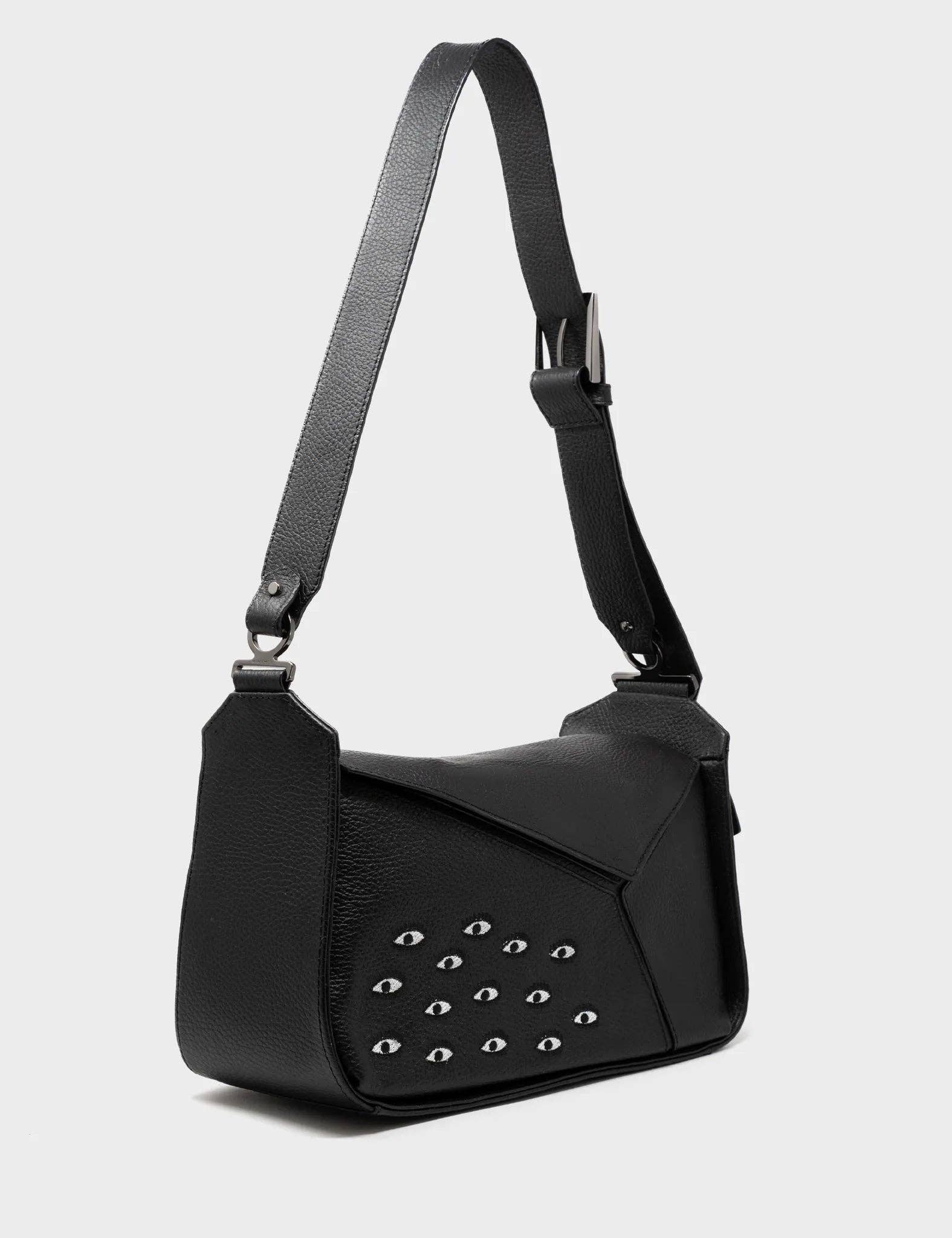 Min & Mon - Houston Black Leather Shoulder Bag - Eyes Embroidery