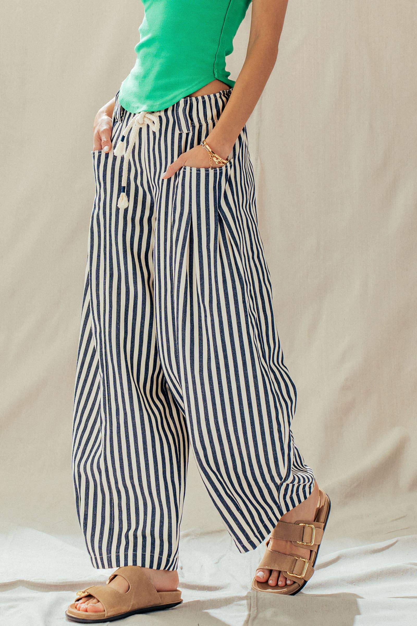Women's Rope Drawstring Balloon Pants - Navy Stripe