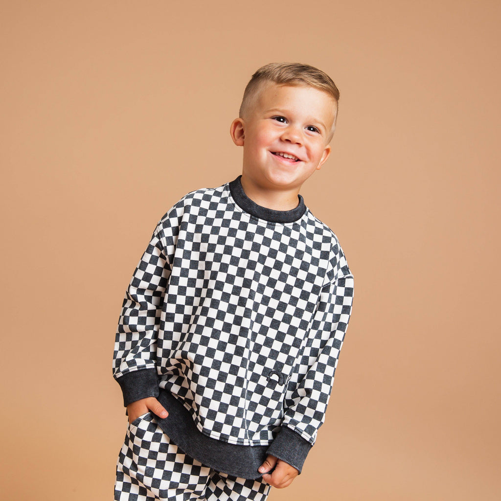 RAGS - Drop Shoulder Crewneck - Black & White Mini Check