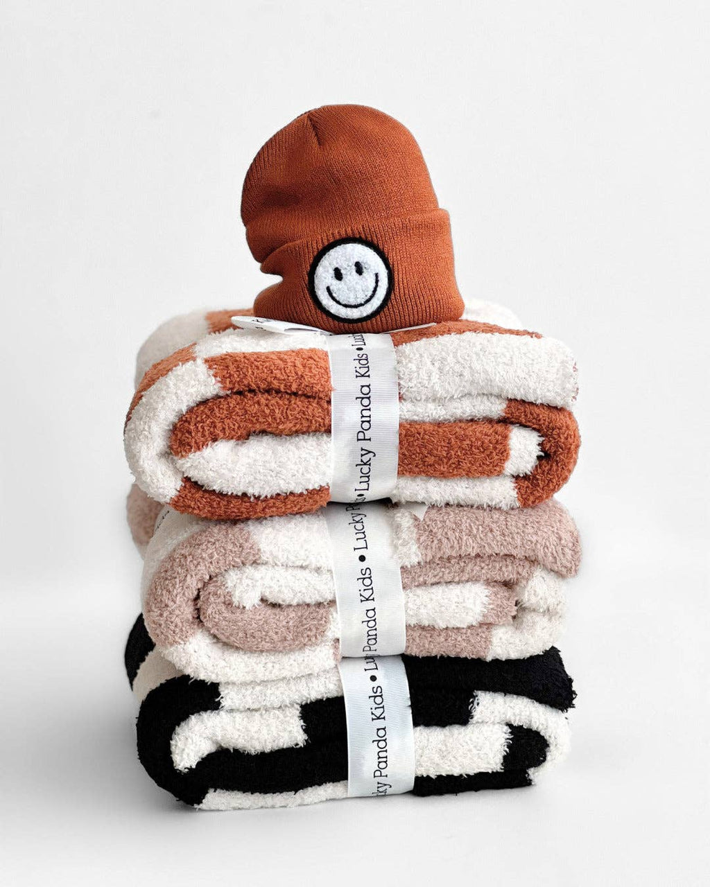 Lucky Panda Kids Baby Blanket - Checkered Plush Copper