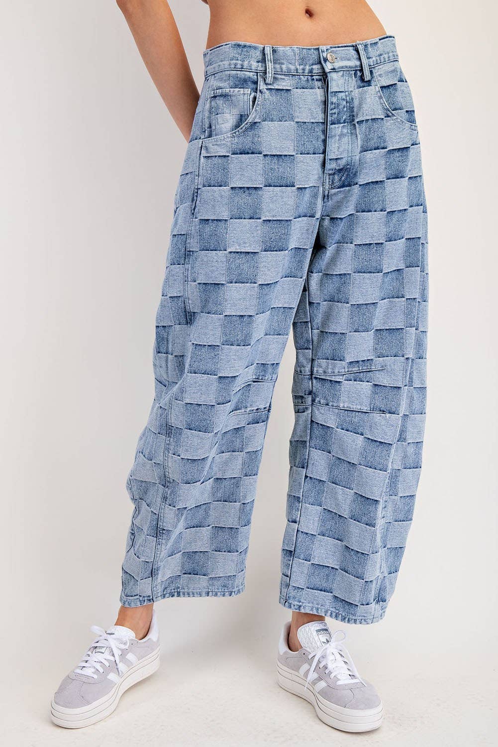 Women's Mineral Washed Check Barrel Jeans