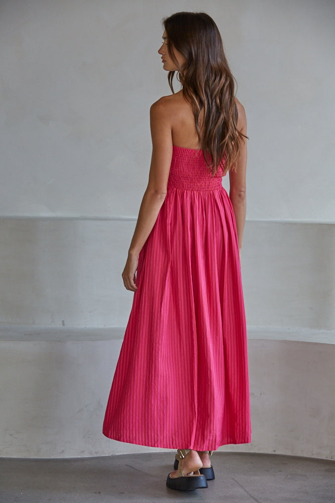 Women's Striped Tube Neck Strapless Flare Maxi Dress - Pink