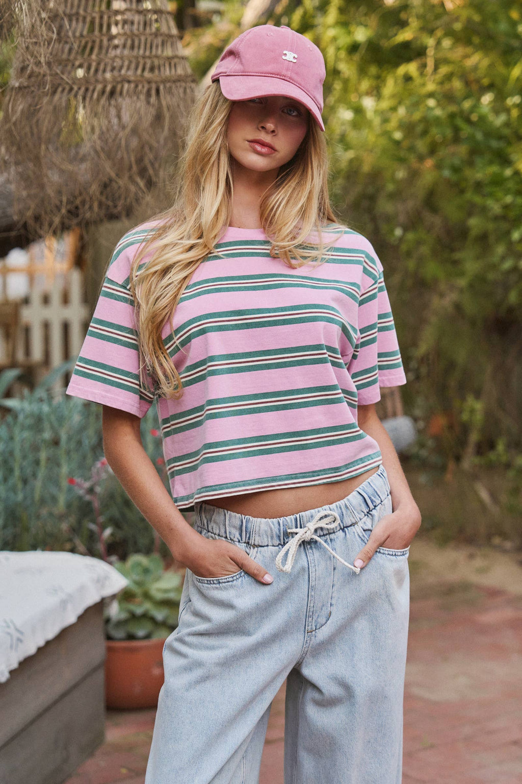 Women's Vintage Washed Striped Cotton Crop Tee - Pink/Green