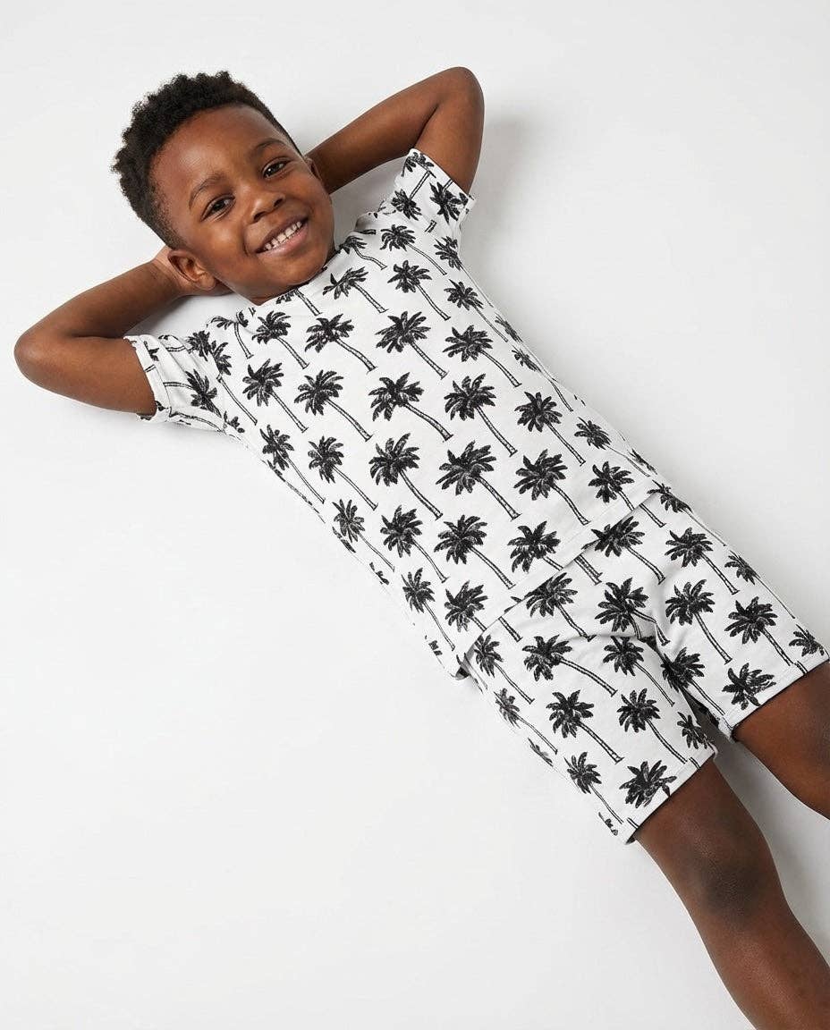 Lucky Panda Kids Bamboo Shorts PJs - Palm Style White