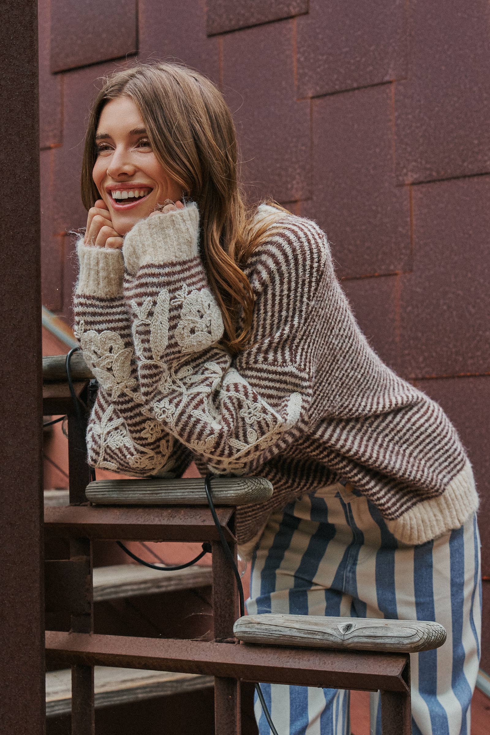 Women's Floral Embroidered Striped Knit Sweater - Brown