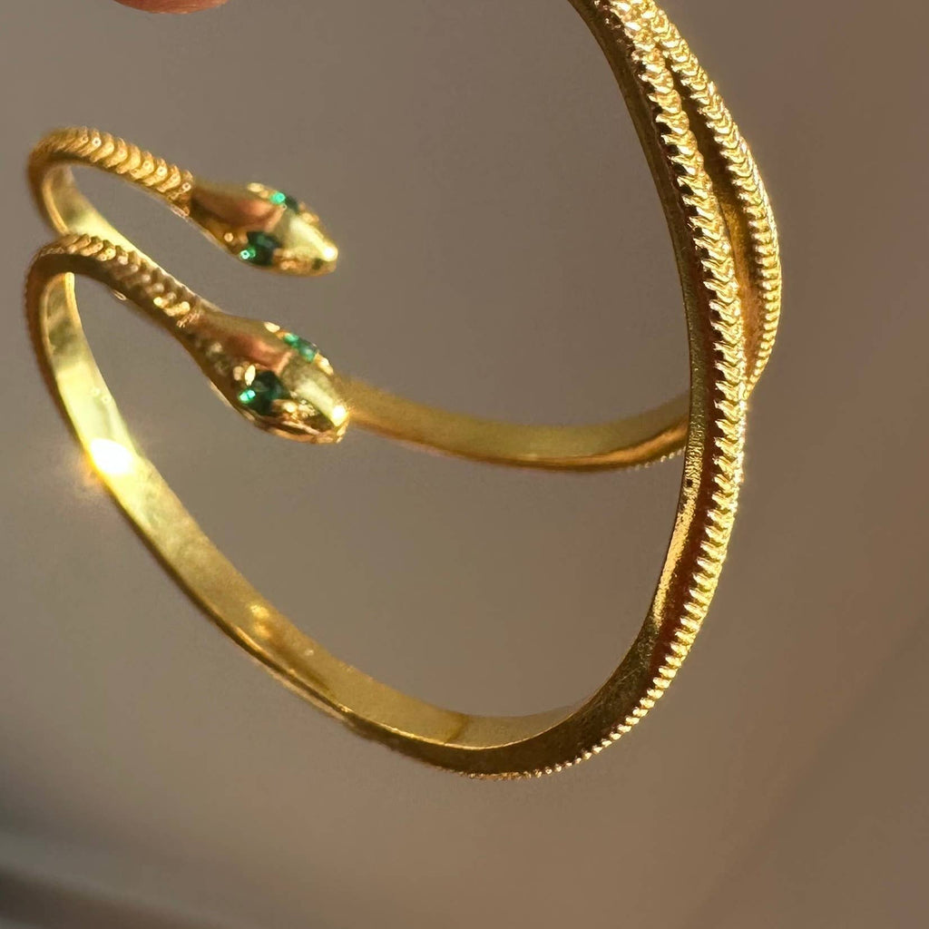 Anokhi Green Handmade Gemstone Earrings - Baby Snake Gold Plated Hoops