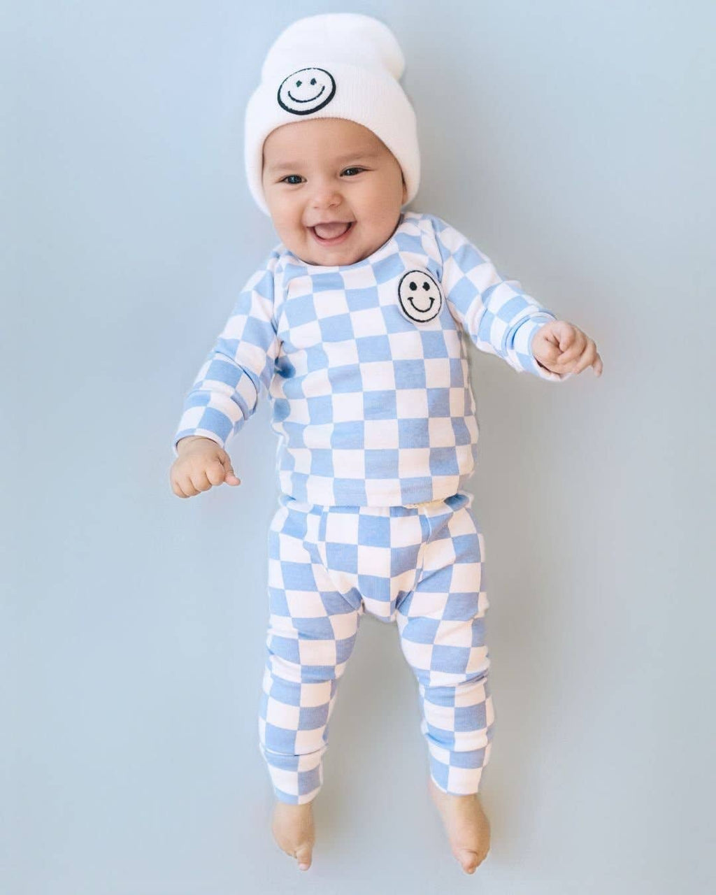 Lucky Panda Kids Lounge Set - Blue Checkered Smiley