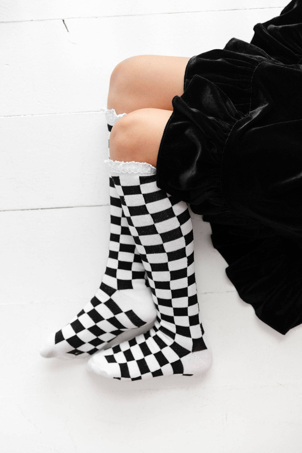 Little Stocking Co. Lace Top Knee High Socks - Checkered White/Black