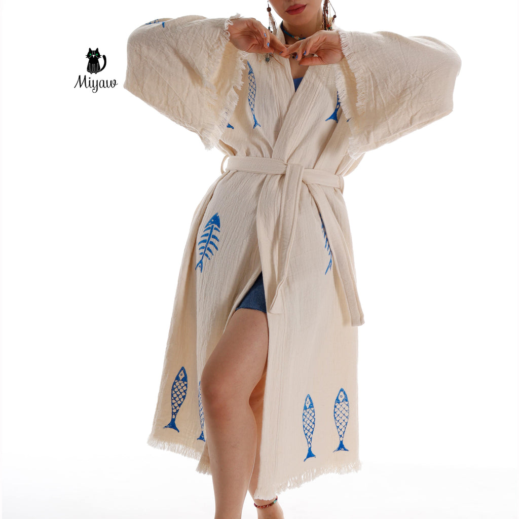 Handmade Organic Cotton Kimono Robe - Blue Fish