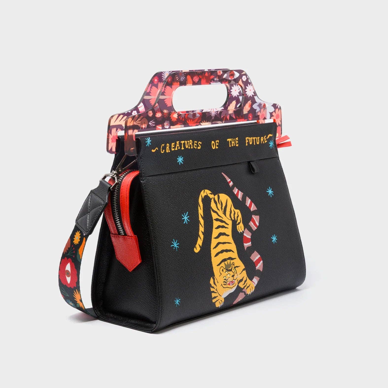 Min & Mon - Vali Black Leather Crossbody Handbag Plastic Handle - Tiger And Snake Print