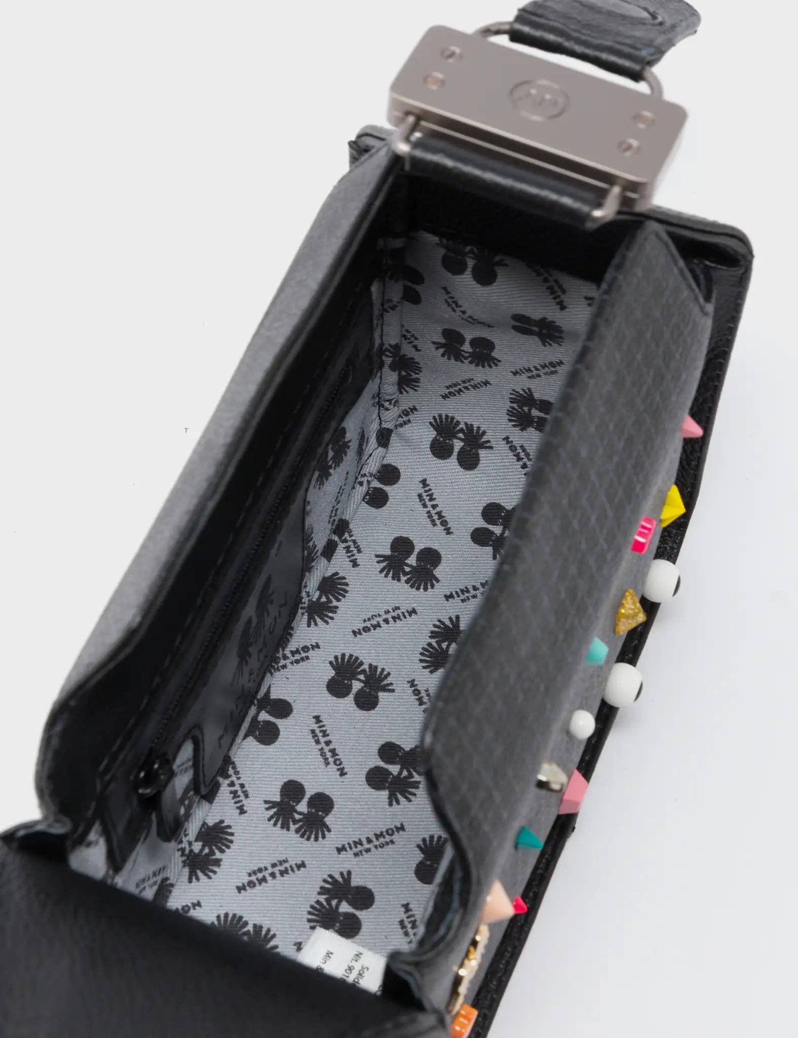 Min & Mon - Benji Micro Crossbody Black Leather Bag - Studs Pattern