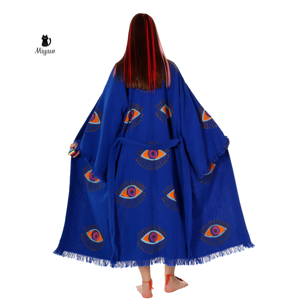 Handmade Organic Cotton Kimono Robe - Blue Protective Eye