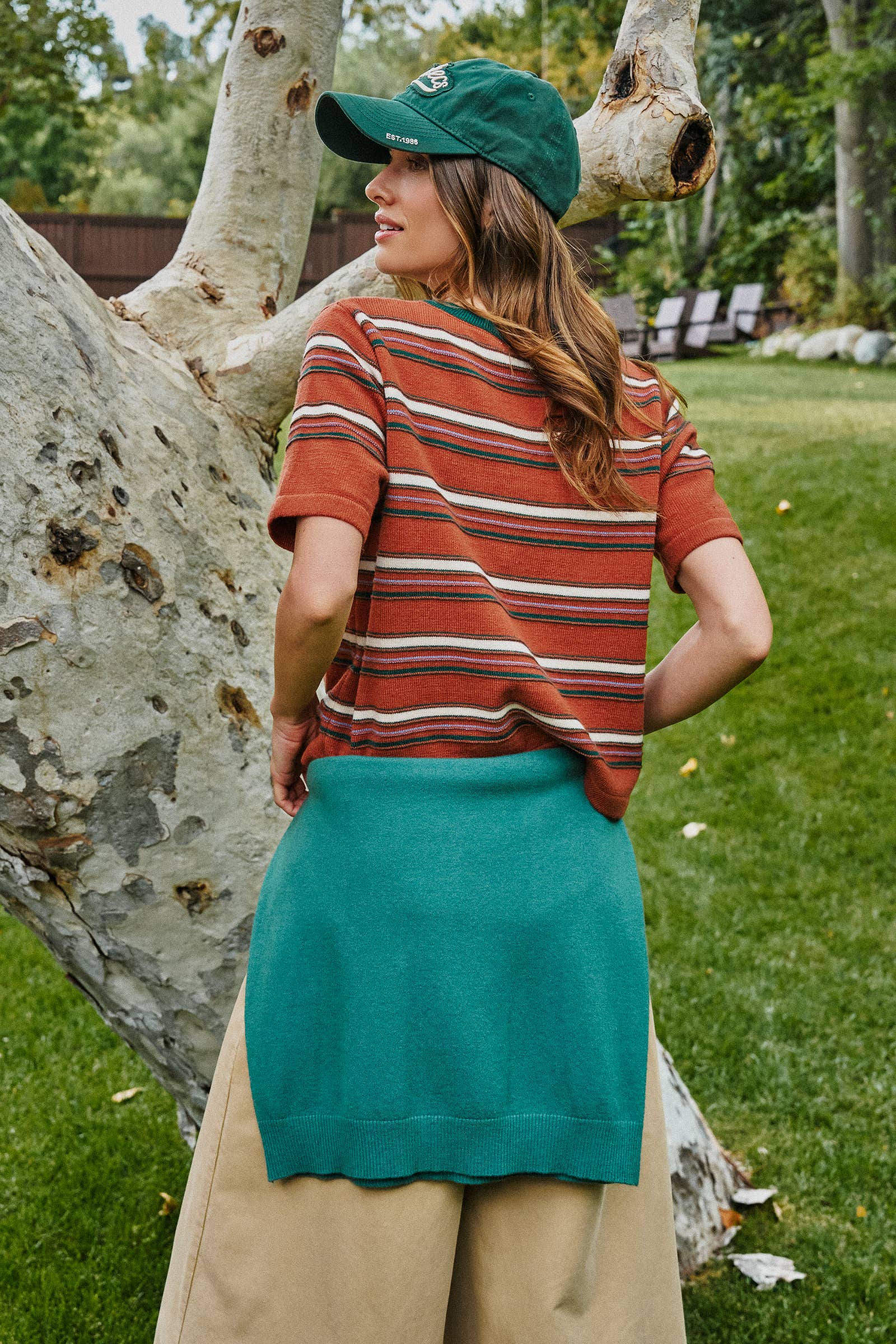 Women’s Striped Knit Ringer Tee With Crew Neck - Rust